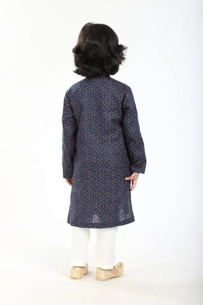 Navy Printed Linen Kurta Pajama Set