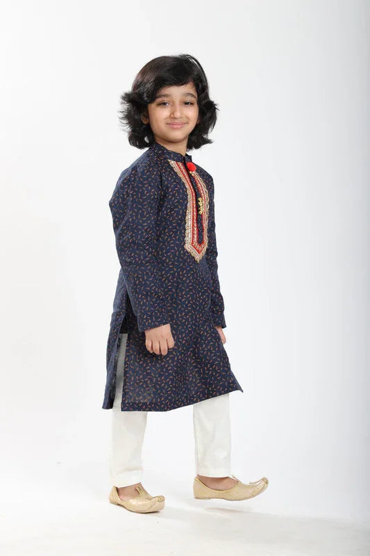 Navy Printed Linen Kurta Pajama Set
