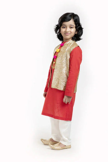 Red & Gold Kurta Waistcoat Set