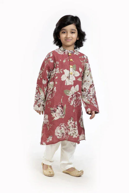 Rust Floral Print Kurta Pajama Set