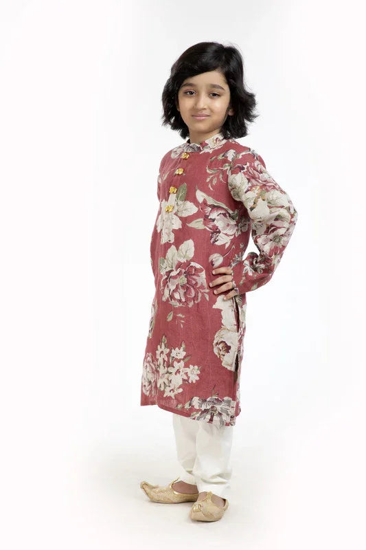Rust Floral Print Kurta Pajama Set
