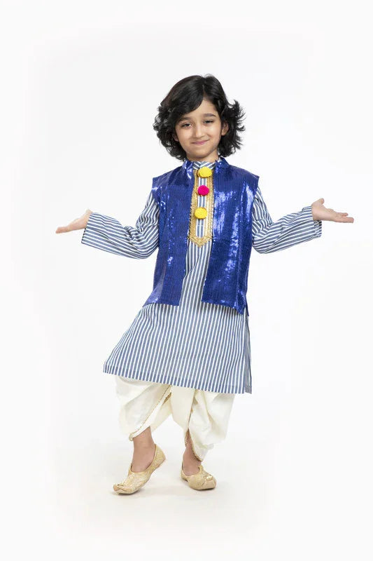 Blue Stripe Kurta Dhoti Set with Waistcoat