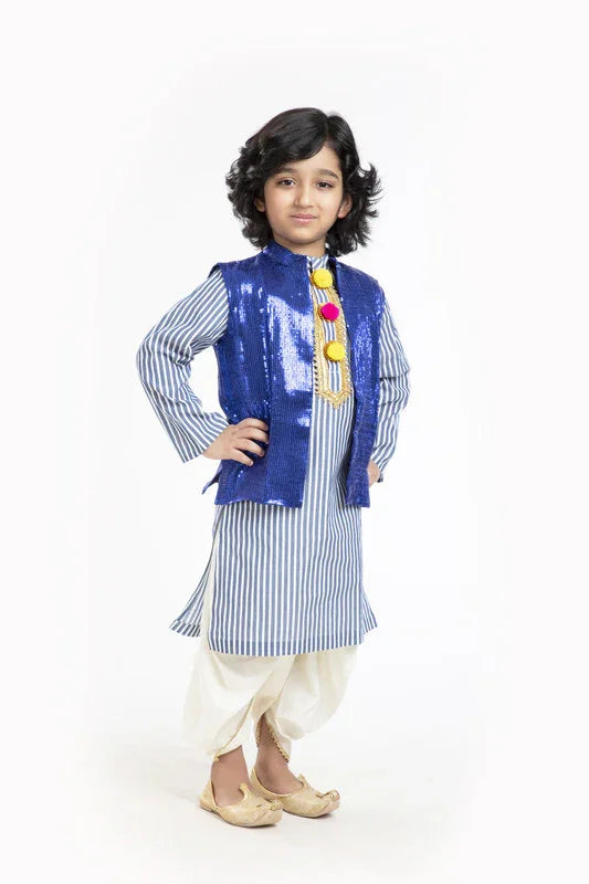 Blue Stripe Kurta Dhoti Set with Waistcoat