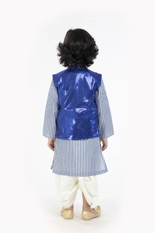 Blue Stripe Kurta Dhoti Set with Waistcoat
