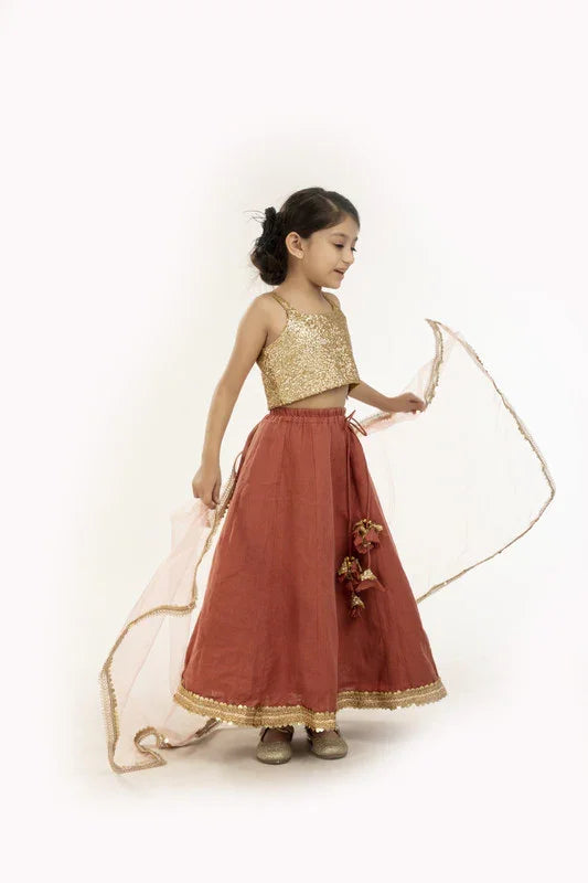 Gold Sequin & Rust Lehenga Set
