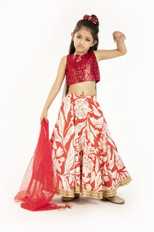 Red & Ivory Floral Lehenga Set