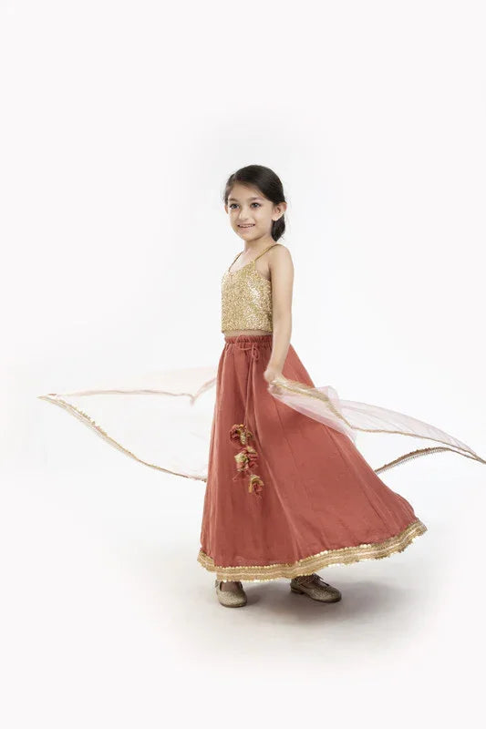 Gold Sequin & Rust Lehenga Set