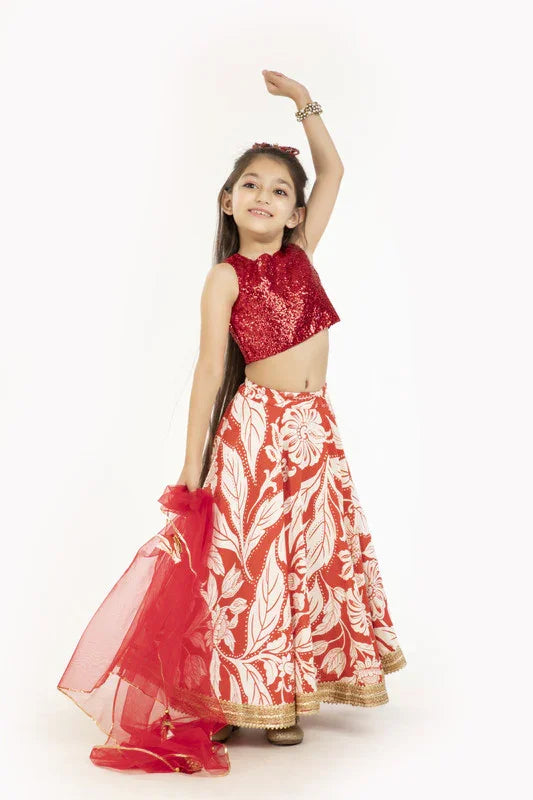 Red & Ivory Floral Lehenga Set