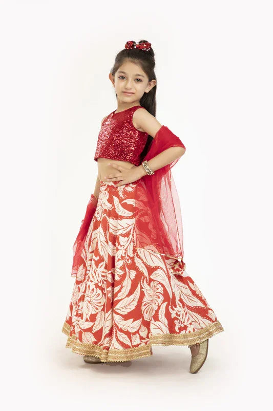 Red & Ivory Floral Lehenga Set