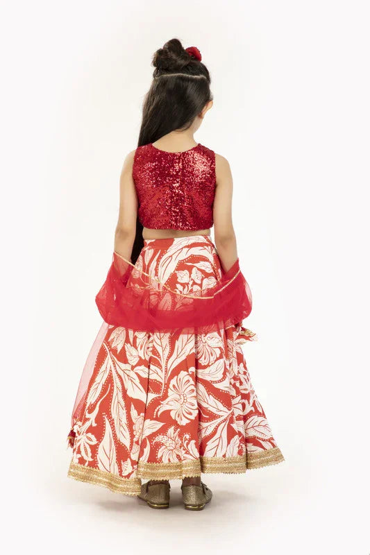 Red & Ivory Floral Lehenga Set