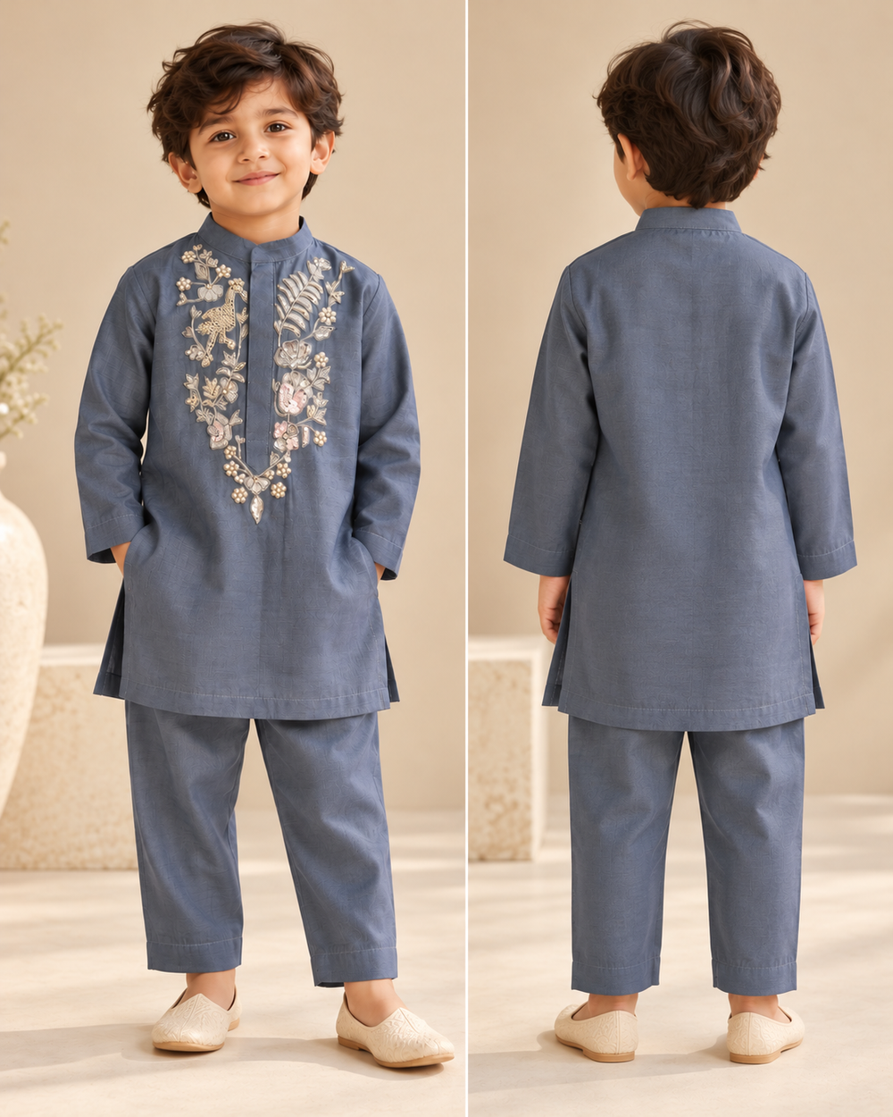 Boys slate blue Chanderi kurta and trouser set with intricate pearl and zardozi floral embroidery on the front.