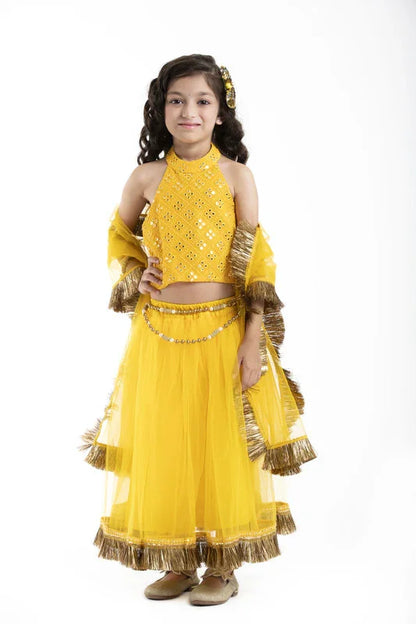Yellow Mirror Work Lehenga Set for Girls