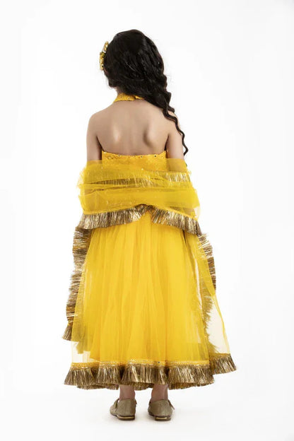 Yellow Mirror Work Lehenga Set for Girls
