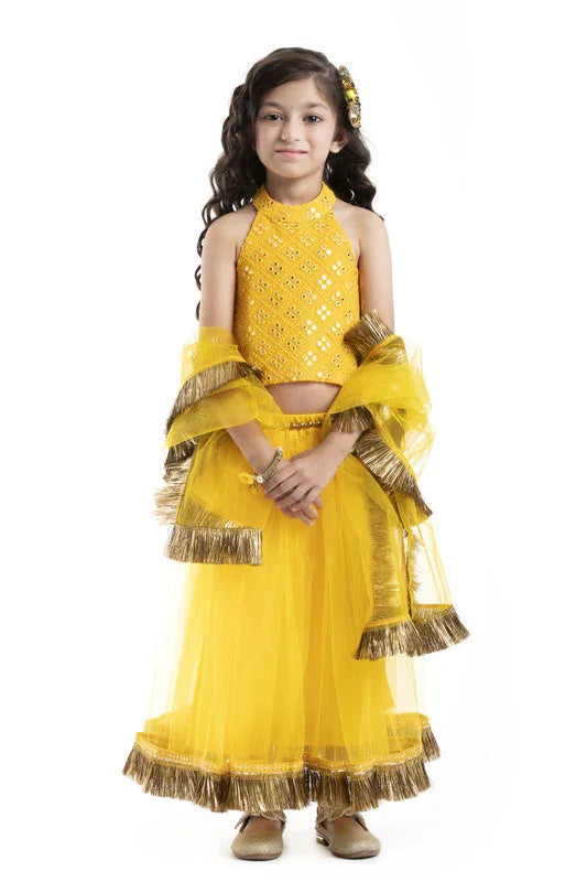 Yellow Mirror Work Lehenga Set for Girls