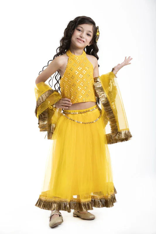 Yellow Mirror Work Lehenga Set for Girls