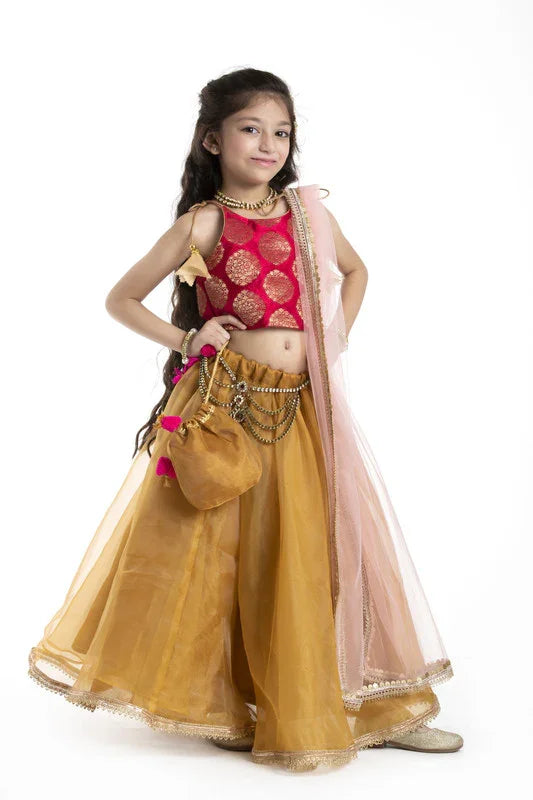 Red & Mustard Zari Lehenga Set with Kamarband
