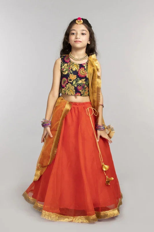 Navy & Orange Embroidered Lehenga Set
