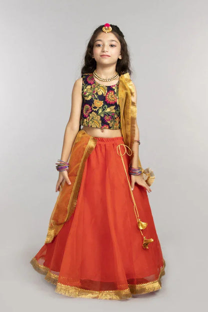 Navy & Orange Embroidered Lehenga Set