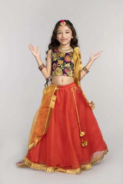Navy & Orange Embroidered Lehenga Set