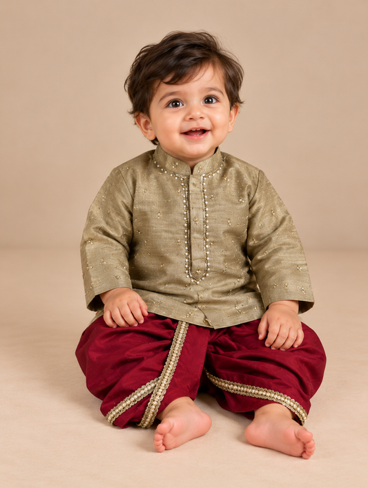 Olive Green Raw Silk Embroidered Kurta Dhoti Set for Boys