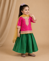 Girls pink taffeta silk embroidered lehenga set with green skirt and yellow dupatta