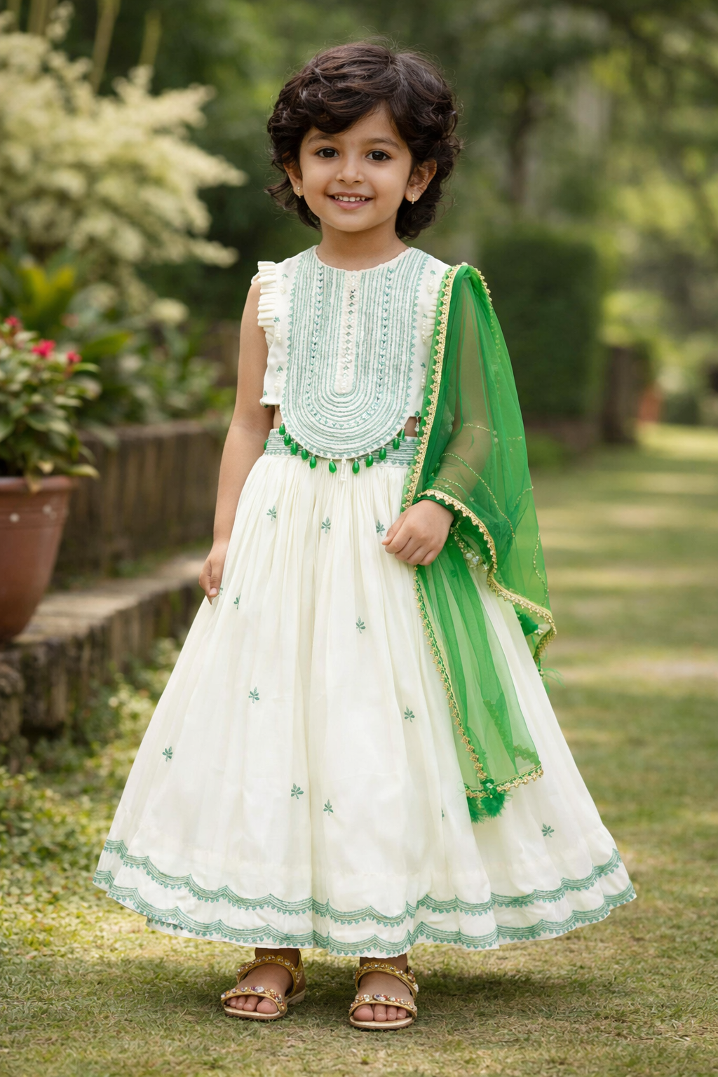 Girls ivory embroidered lehenga choli set with dupatta for festivals