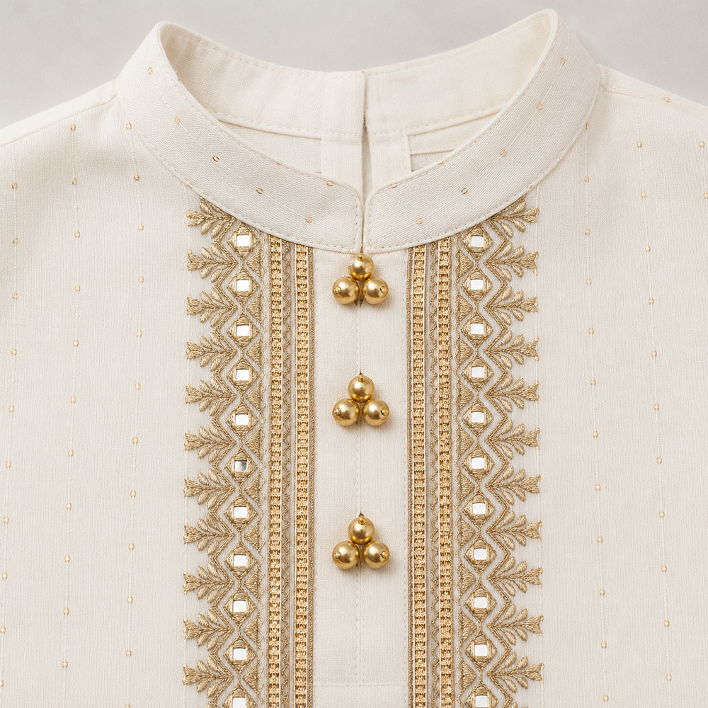 Ivory Chanderi Silk Embroidered Kurta Pajama Set for Boys