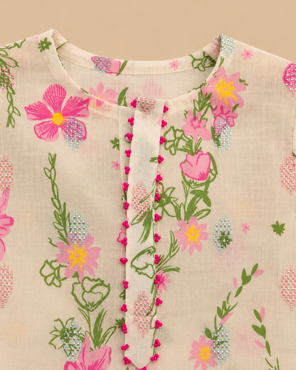 Boy Ivory Floral Cotton Kurta Set with Contrast Placket Detailing
