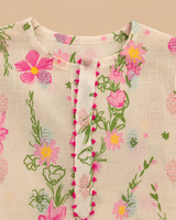 Boy Ivory Floral Cotton Kurta Set with Contrast Placket Detailing