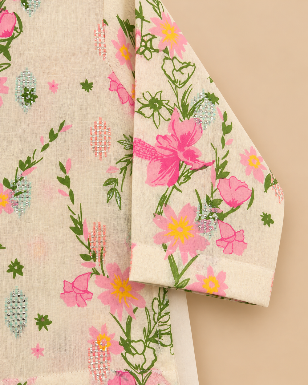 Boy Ivory Floral Cotton Kurta Set with Contrast Placket Detailing