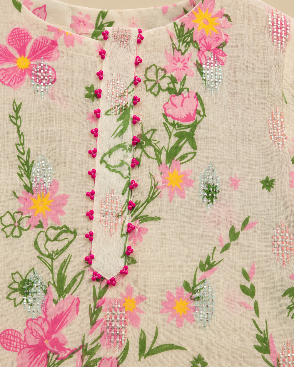 Boy Ivory Floral Cotton Kurta Set with Contrast Placket Detailing