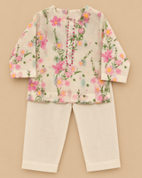 Boy Ivory Floral Cotton Kurta Set with Contrast Placket Detailing