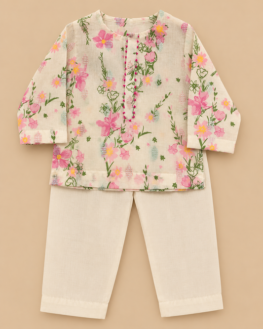 Boy Ivory Floral Cotton Kurta Set with Contrast Placket Detailing