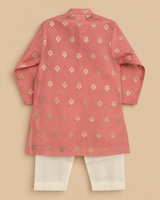 Boy Coral Pink Chanderi Kurta Set with Zari Floral Buta and Pearl Buttons