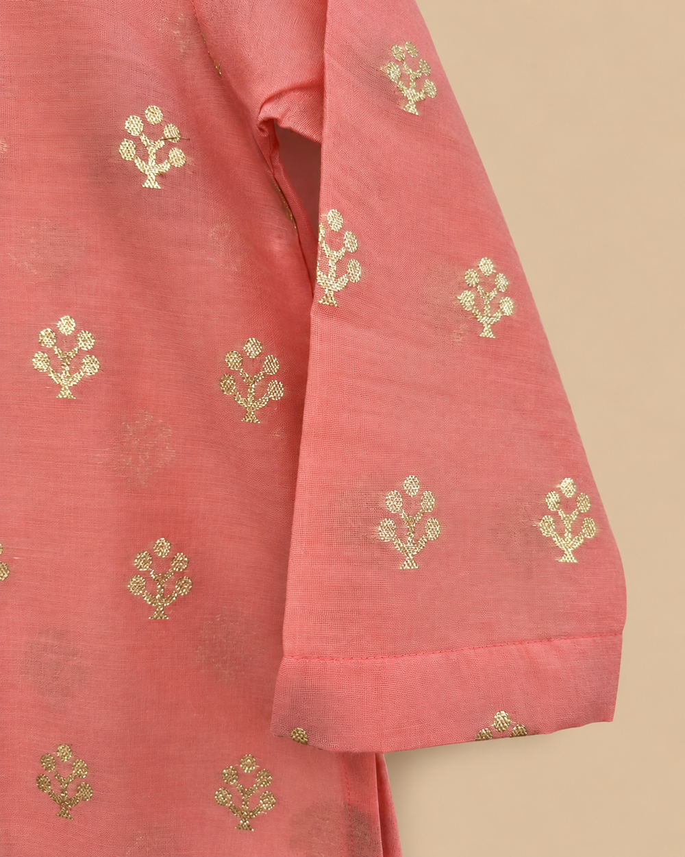 Boy Coral Pink Chanderi Kurta Set with Zari Floral Buta and Pearl Buttons