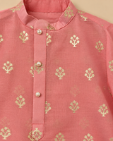 Boy Coral Pink Chanderi Kurta Set with Zari Floral Buta and Pearl Buttons