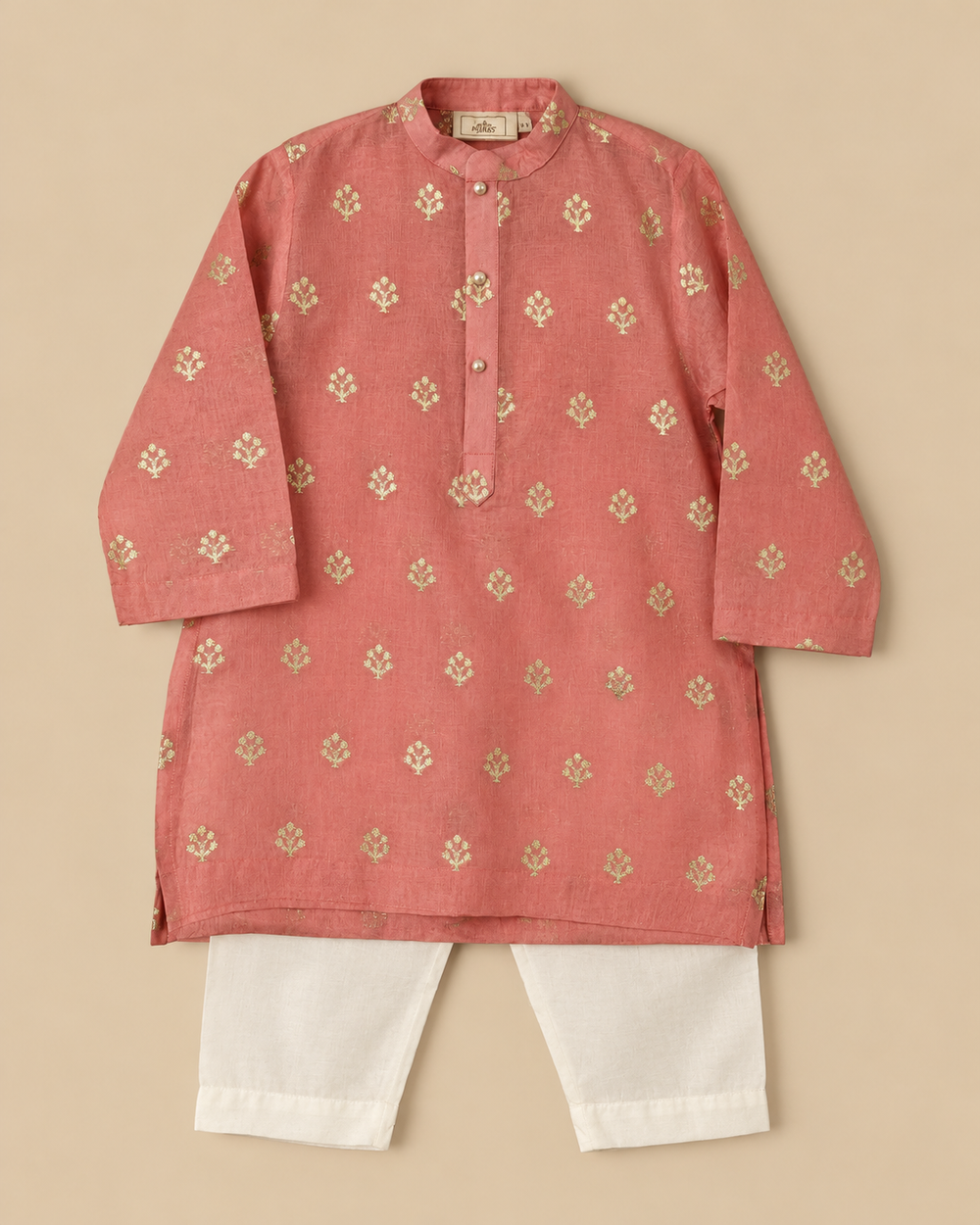 Boy Coral Pink Chanderi Kurta Set with Zari Floral Buta and Pearl Buttons