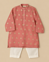 Boy Coral Pink Chanderi Kurta Set with Zari Floral Buta and Pearl Buttons