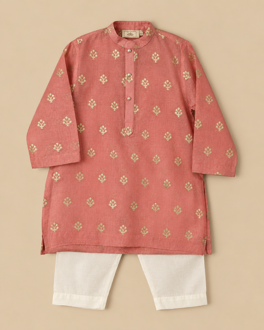 Boy Coral Pink Chanderi Kurta Set with Zari Floral Buta and Pearl Buttons