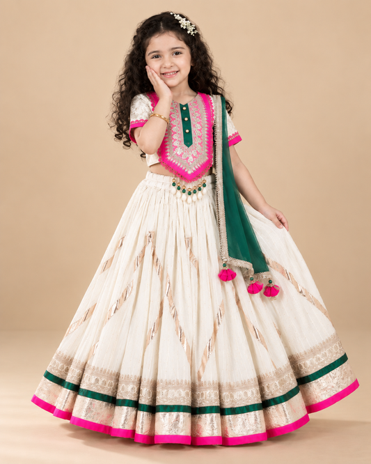 Off-White Chanderi Lehenga Set for Girls with Contrast Lace & Dupatta