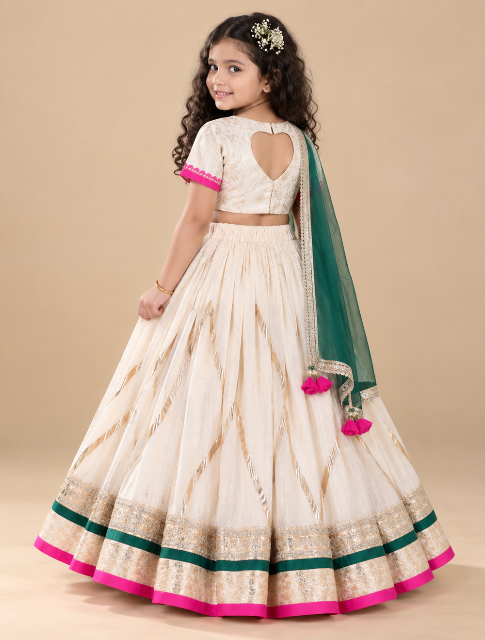 Off-White Chanderi Lehenga Set for Girls with Contrast Lace & Dupatta