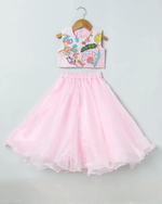 Load image into Gallery viewer, Girls Floral Embroidered Crop Top with Pink Skirt – Party &amp; Festive Wear
