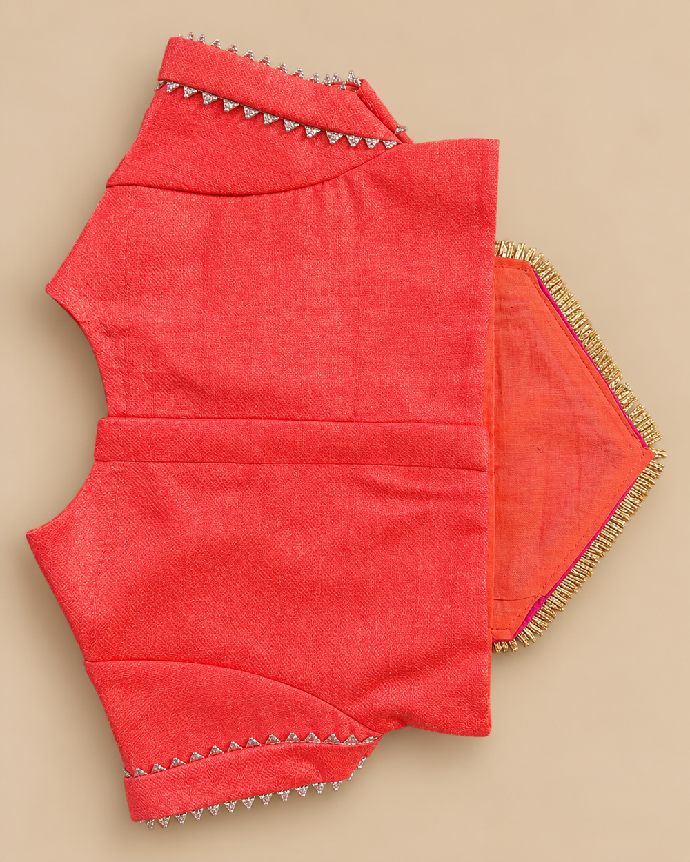 Girls Coral Pink Tissue Lehenga Set with Gota Work and Embellished Blouse