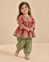 Girls Pink Banarasi Top with Sage Green Chanderi Silk Salwar Set