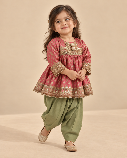 Girls Pink Banarasi Top with Sage Green Chanderi Silk Salwar Set