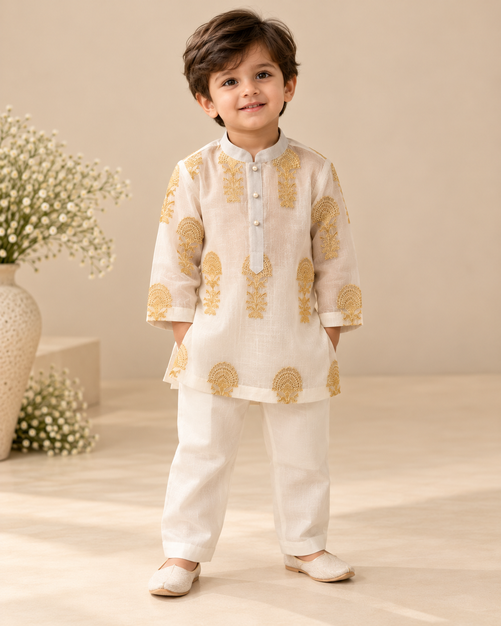 Boys cream pure cotton jacquard kurta set with golden embroidered motifs, pearl buttons and matching trousers.