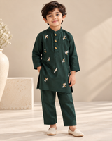Boys emerald green viscose Chanderi kurta set with golden dragonfly sequin embroidery and matching trousers.