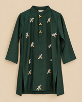Boys Emerald Green Viscose Chanderi Kurta Set with Dragonfly Sequin Embroidery