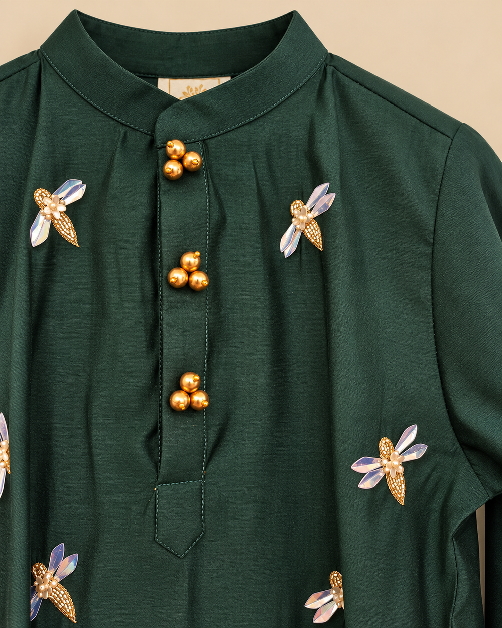 Boys Emerald Green Viscose Chanderi Kurta Set with Dragonfly Sequin Embroidery