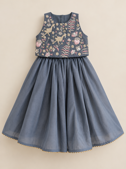Girls Blue-Grey Viscose Chanderi Lehenga Set with Pearl Embroidery
